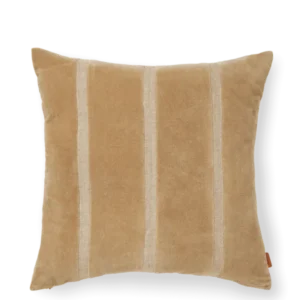 Senti Stripe Cushion in dark sand with linen stripes on velvet