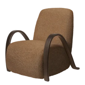 Buur Lounge Chair in tan bouclé with curved dark oak armrests, angled view