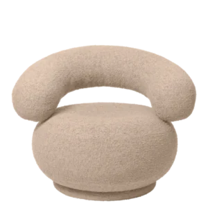 Orbo Lounge Chair in Raw Bouclé natural with rounded swivel base and arched backrest