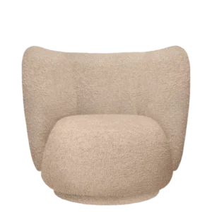 Rico Lounge Chair in natural raw bouclé with rounded seat and curved back