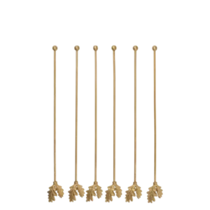 Oak Leaf Stir Sticks in brass, long, set of six with leaf-shaped ends
