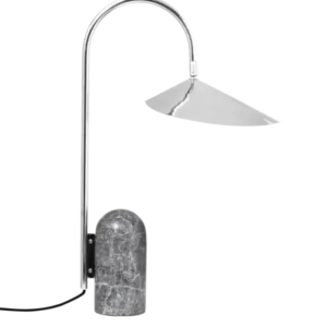 Arum Table Lamp in stainless steel with curved stem and grey stone base
