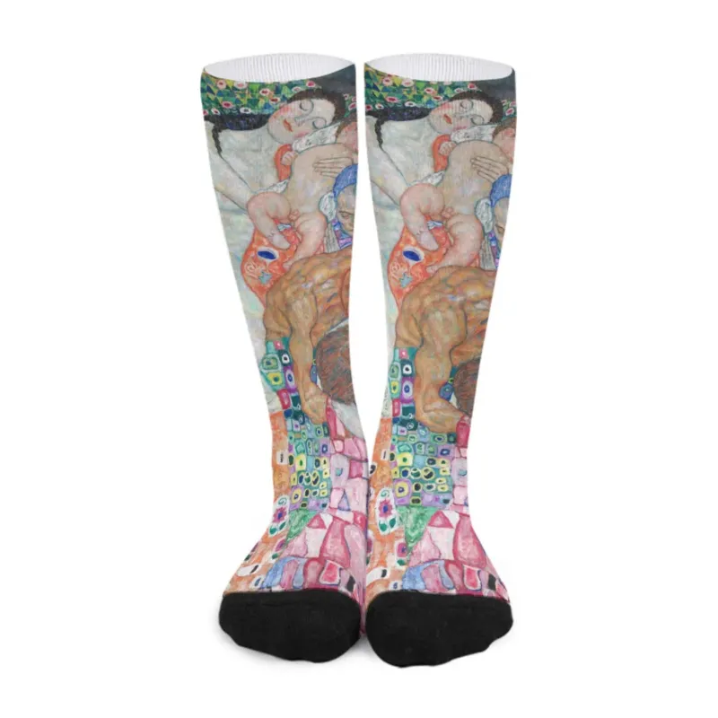 Death and Life Part 2 by Gustav Klimt unisex long art socks shown as a complete pair with the artwork divided across both socks