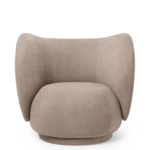 Rico Swivel Lounge Chair in sand bouclé with curved back and swivel base
