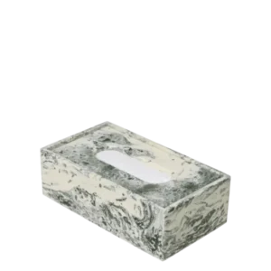 Mist Tissue Box in emerald off-white marbled resin, seen at an angle with tissue