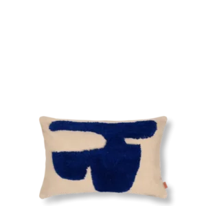 Lay Cushion Cover in sand with tufted abstract shape in bright blue, rectangular