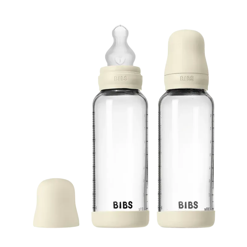 Baby Glass Bottle Set 240ml 2 Pack Silicone - Ivory - BIBS