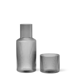 Ripple Carafe Set in smoked grey, small ribbed carafe with matching glass