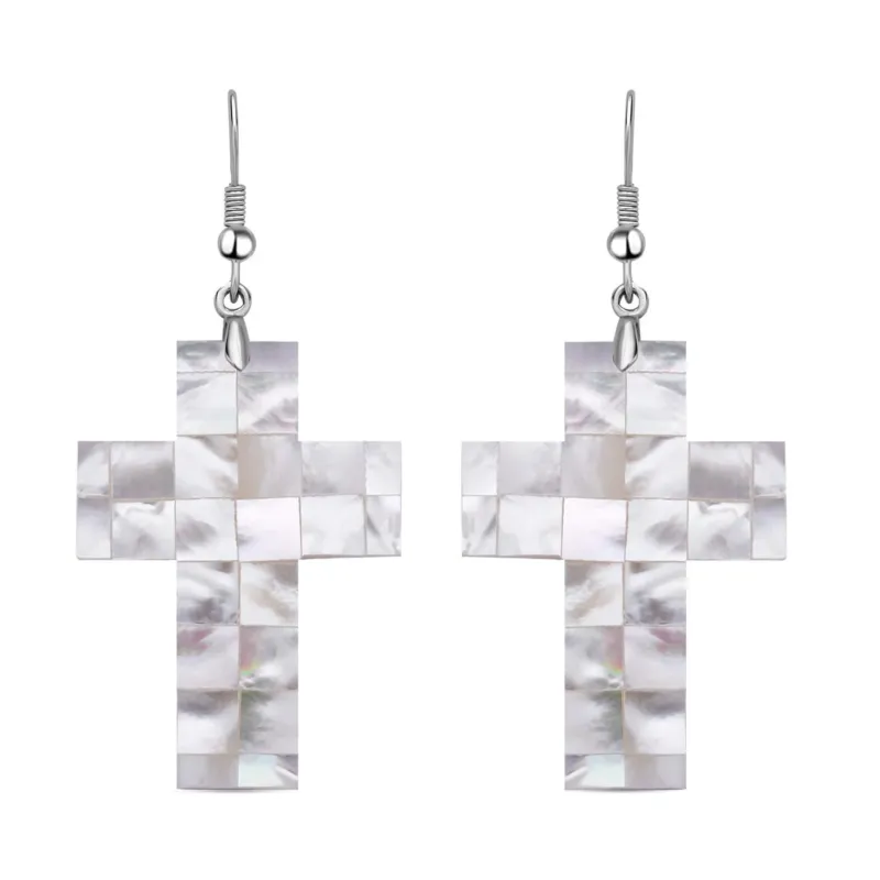Weiße Muschelkernperlen Kreuz Ohrringe, Edelstahl