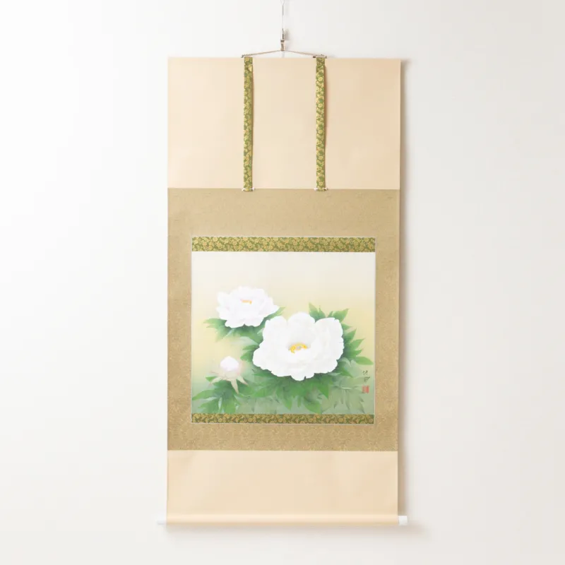 White Peonies Kakejiku Hanging Scroll