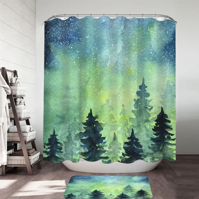 Art Painting Shower Curtain of Green Night Pine Forest
