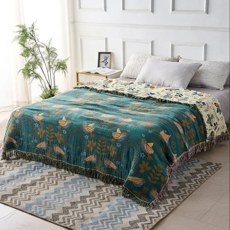 Birchfold - Reversible 100% Cotton Blanket with Nordic Bird Motif 1