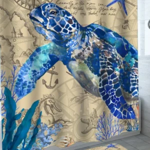 Blue Turtle Shower Curtain and Vintage Nautical Map