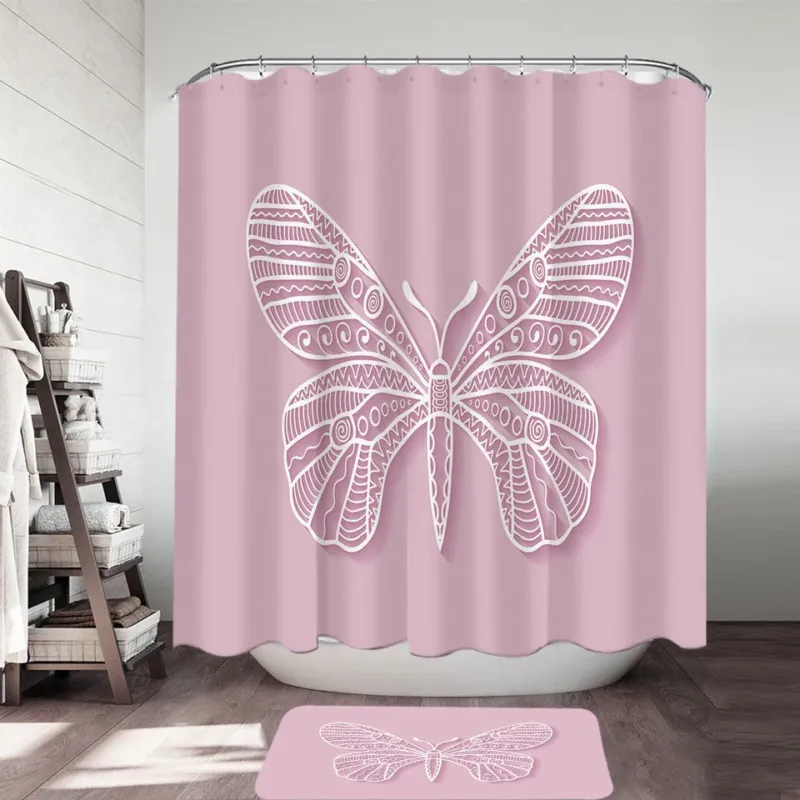Butterfly Drawing over Purple Shower Curtain