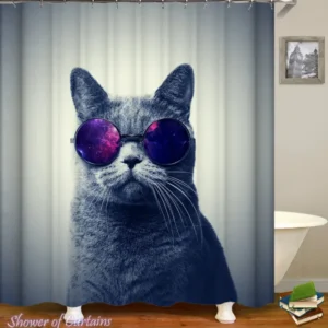 Cat Shower Curtains of Space Glasses Cat #2