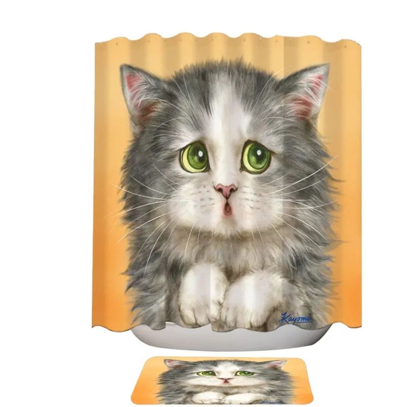 Cats Cute Faces Drawings the Regretful Grey Kitten Shower Curtain and Bathroom Rug