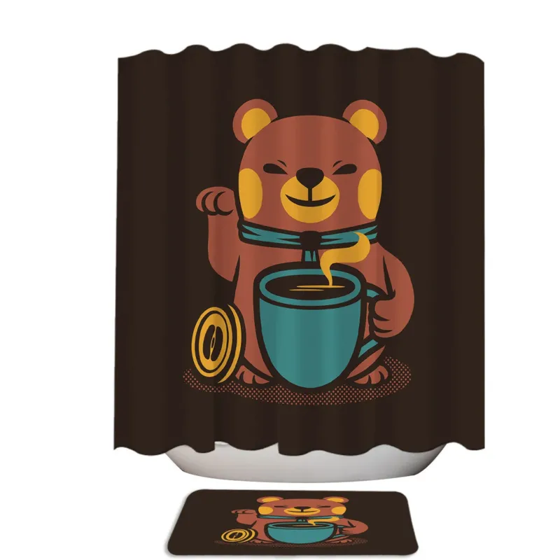 Cute Bear Coffee Maneki-neko Shower Curtain