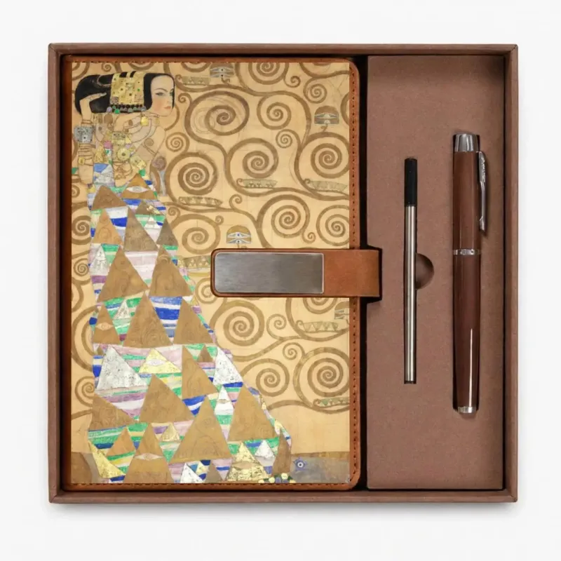 Open presentation box with the Brown Expectation by Gustav Klimt notebook and matching refillable metal pen, gallery view 1