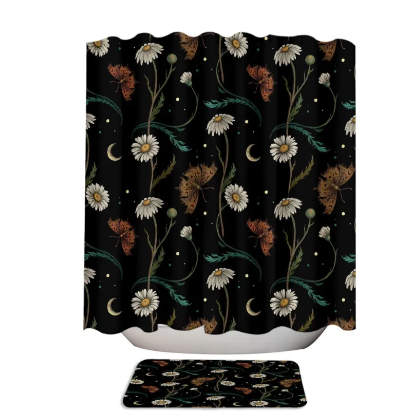 Floral Pattern Daisy and Butterflies Extra Long Shower Curtain