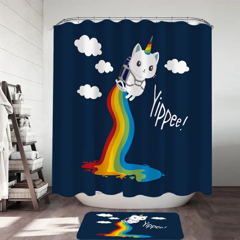 Flying Unicorn Cat Kids Shower Curtains