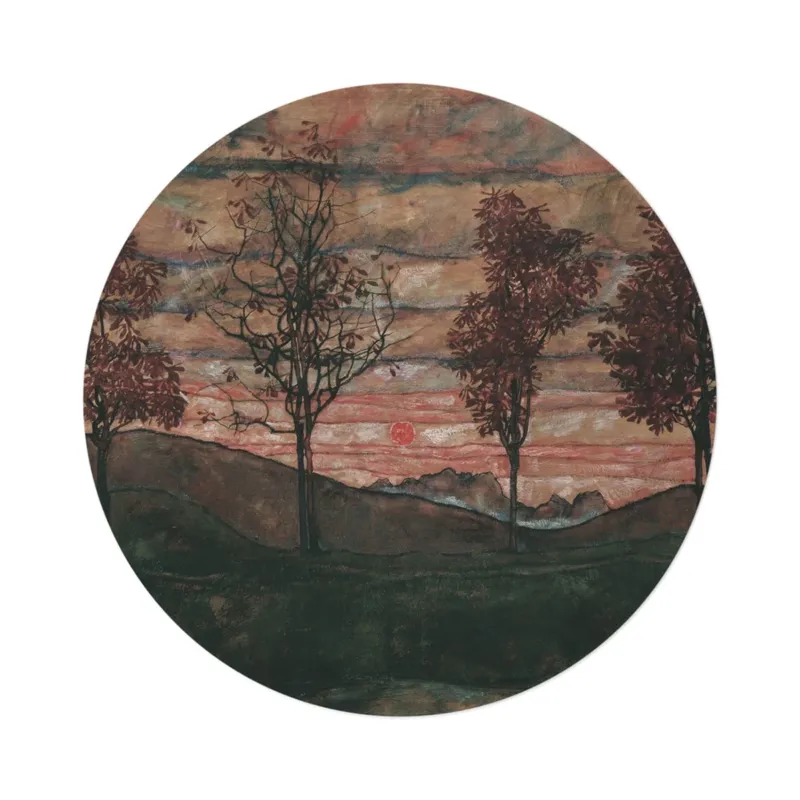 Four Trees by Egon Schiele shown on a round mat, centered on white background