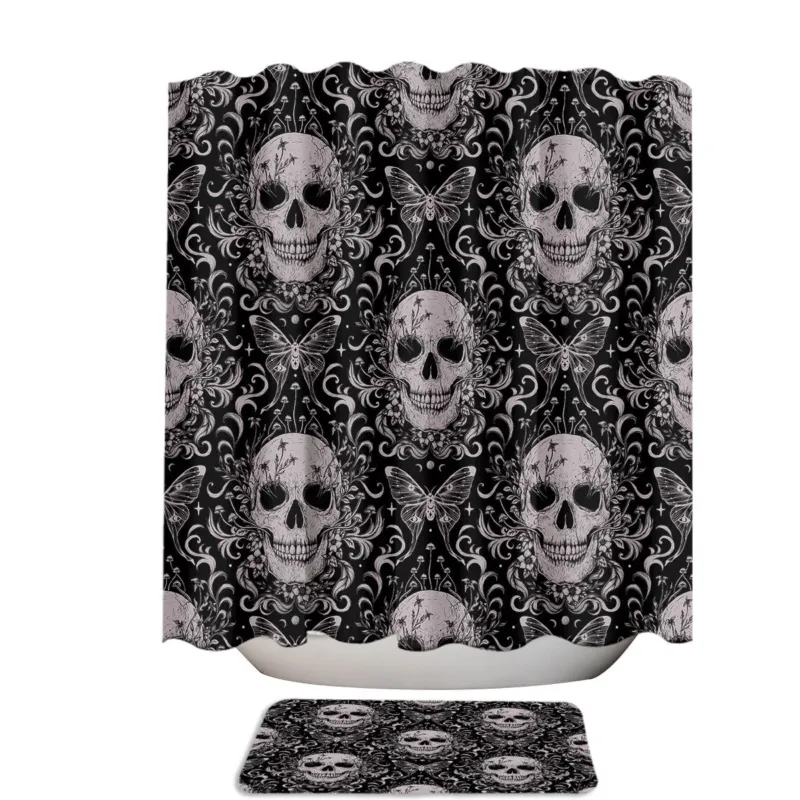 Gothic Bone Pink Floral Skulls and Butterflies Shower Curtain