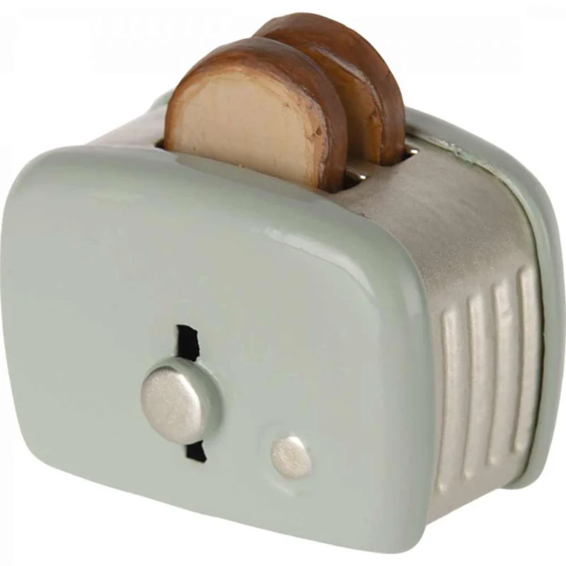 Maileg - Puppenhaus Toaster mit Toast Minze mit Brotscheiben, einer mintgrünen Außenseite und einem Drehregler auf der Vorderseite.