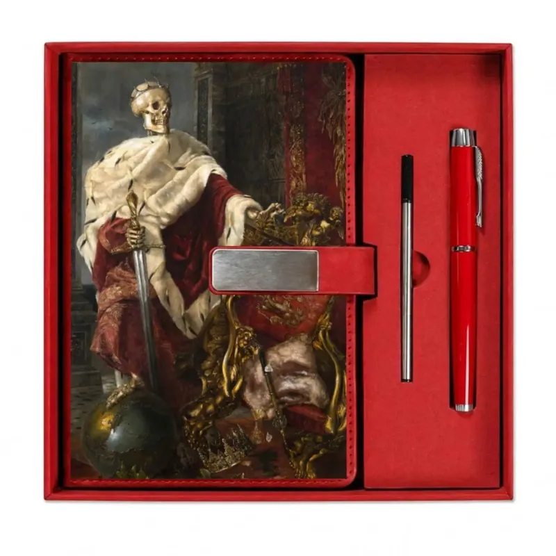 Mors Imperator by Hermione von Preuschen on a red notebook with matching red pen arranged in an open presentation box