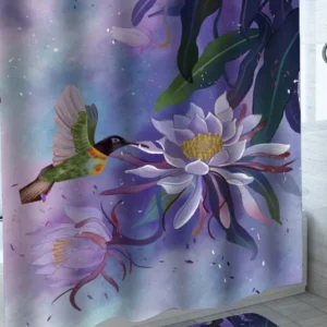 Purple Art Painting Shower Curtain Flower and Hummingbird