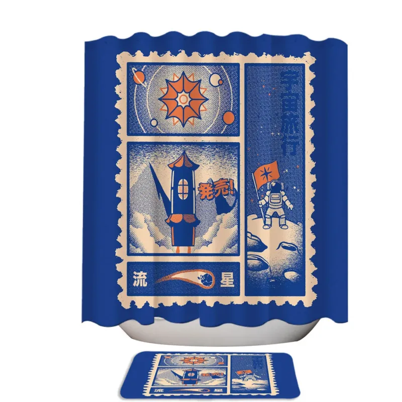 Retro Japanese Space Astronaut Stamp Shower Curtain