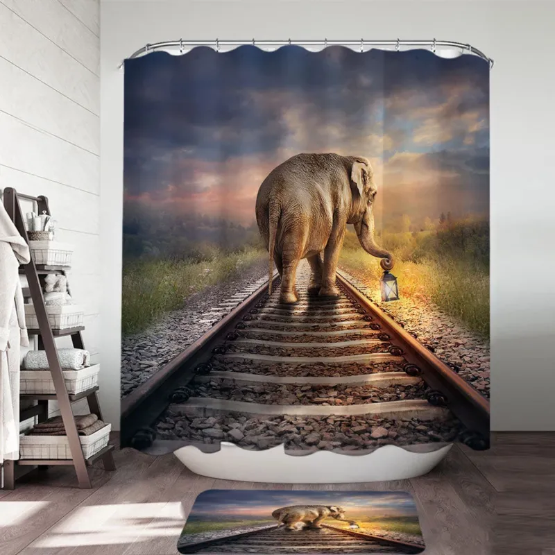 Shower Curtain with Elephant Walks on the Track