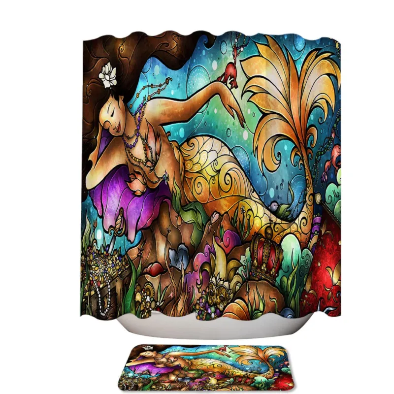 Stained Glass Art Underwater Treasure and Mermaid Fabric Shower Curtain