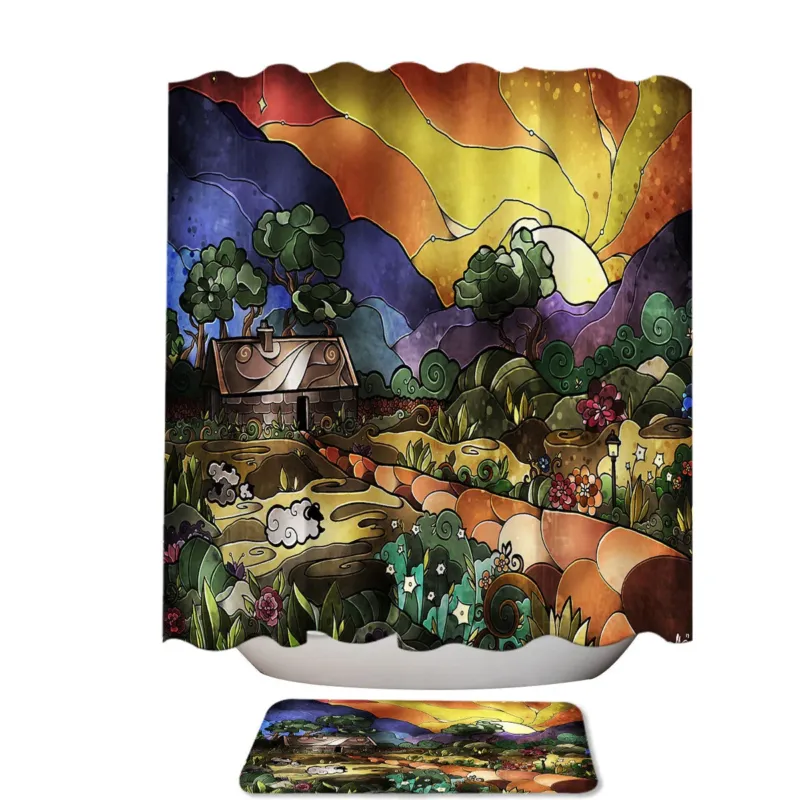 Stained Glass Country Art the Shepherds Cottage Unique Shower Curtains