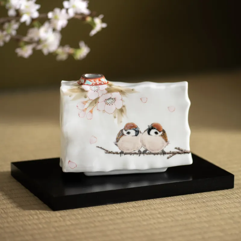 Cherry Blossom and Twin Sparrows Japanese Flower Vase