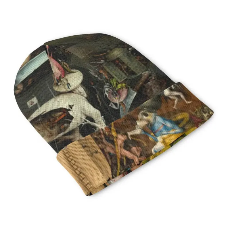 Front view of Hieronymus Bosch’s The Garden of Earthly Delights Hell Panel knit beanie, with pale figures and sharp yellow-green details.