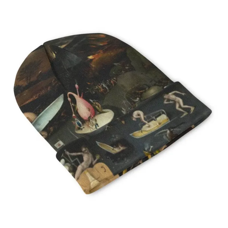 Front view of Hieronymus Bosch’s Hell Panel Part 2 knit beanie from The Garden of Earthly Delights, with orange fire and pale figures.
