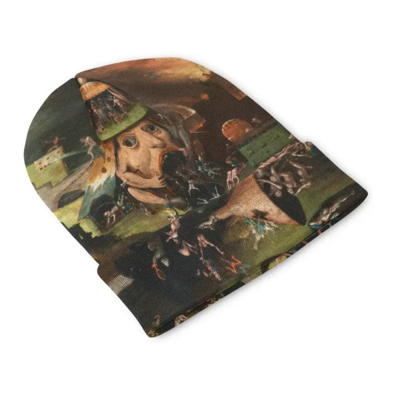 Front view of The Harrowing of Hell beanie with a tall stone tower, fiery sky and bizarre creatures filling the landscape below.