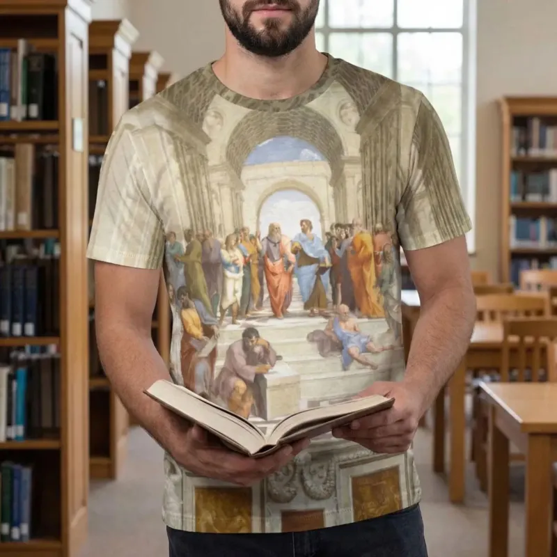 Model holding an open book while wearing The School of Athens by Raphael T-shirt in a library