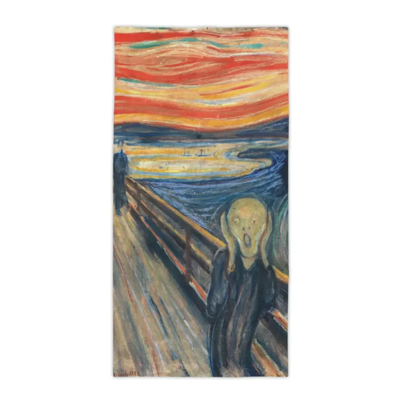 The Scream beach towel by Edvard Munch shown as a rectangular product image on white background