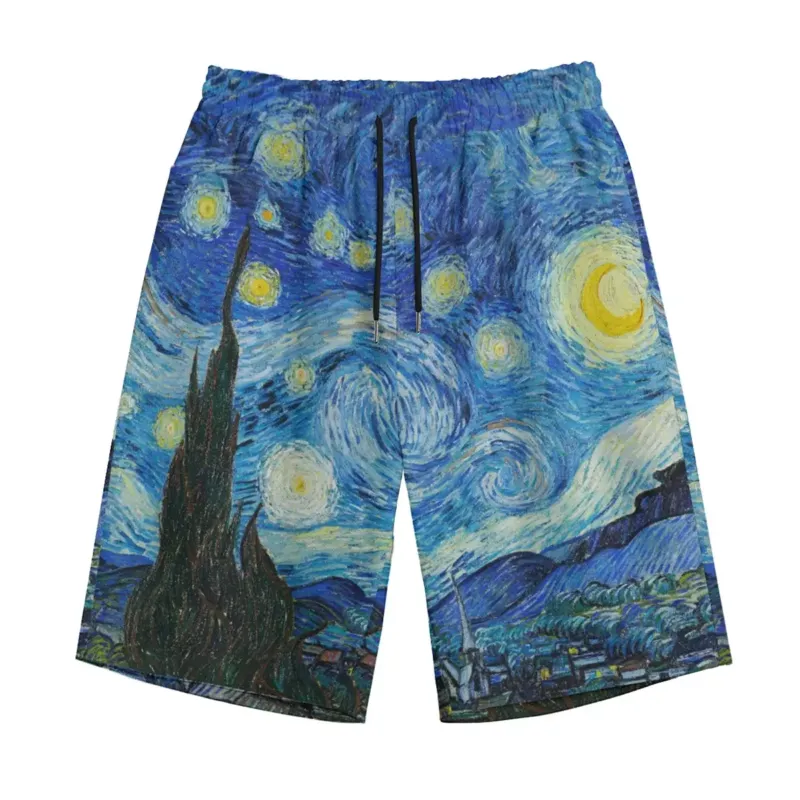 The Starry Night by Vincent van Gogh cotton casual shorts, front view with blue sky and cypress artwork print