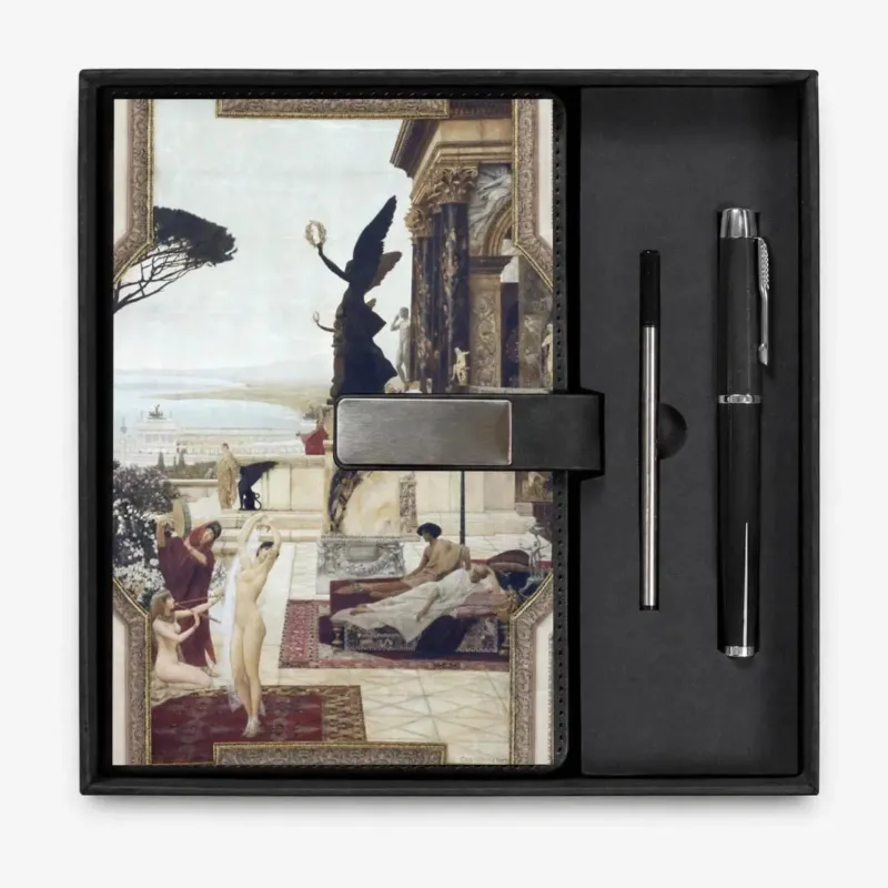 Open presentation box with the Black The Theatre at Taormina by Gustav Klimt notebook and matching refillable metal pen, gallery view 1