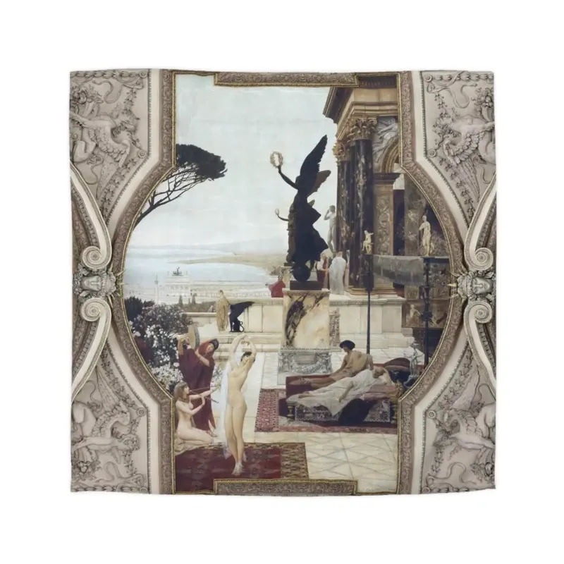 The Theatre at Taormina by Gustav Klimt duvet cover set laid flat with the classical architectural scene and ornate border