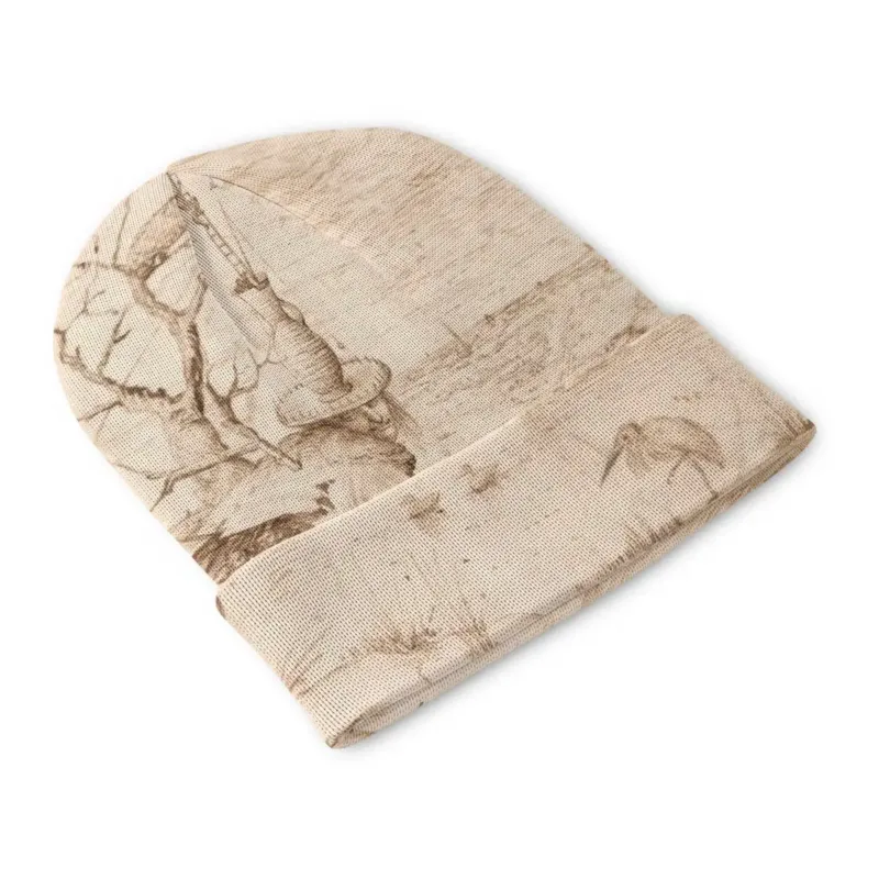 Front view of The Tree Man beanie with slender trees, distant landscape details and Bosch’s delicate pen-style drawing spread across crown and cuff.
