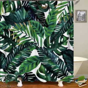 Tropical Themed Bathroom - Dark Green Palm Leaves Shower Curtain