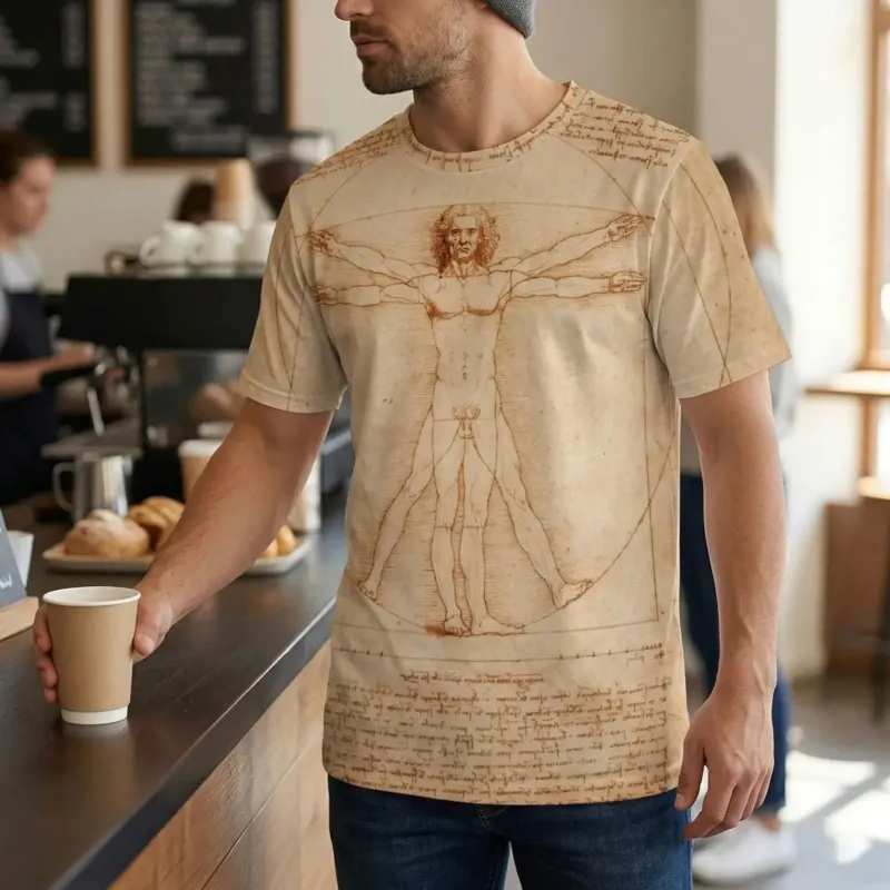 Vitruvian Man by Leonardo da Vinci T-shirt worn by model in a cafe, front angled view