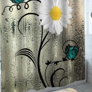 White Flower and Butterflies over Rainy Glass Shower Curtain