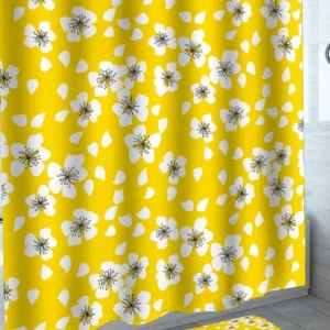 White Flowers on Yellow Floral Shower Curtain