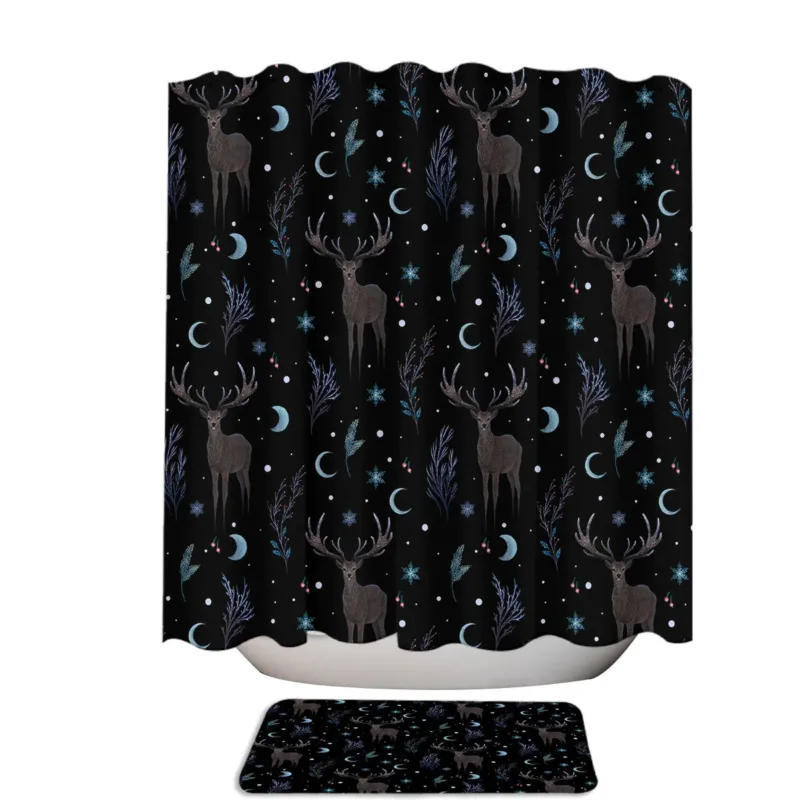 Winter Night Deer and Snowflakes Fabric Shower Curtain