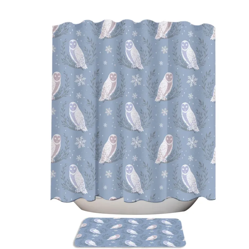 Winter Pattern Owl Moons Stars and Snowy Leaves Shower Curtains