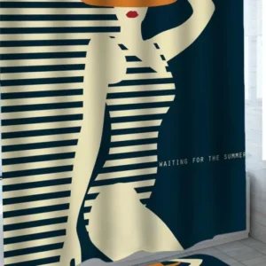 Womans Shower Curtain Cool Woman Waiting Striped Design Swimsuit